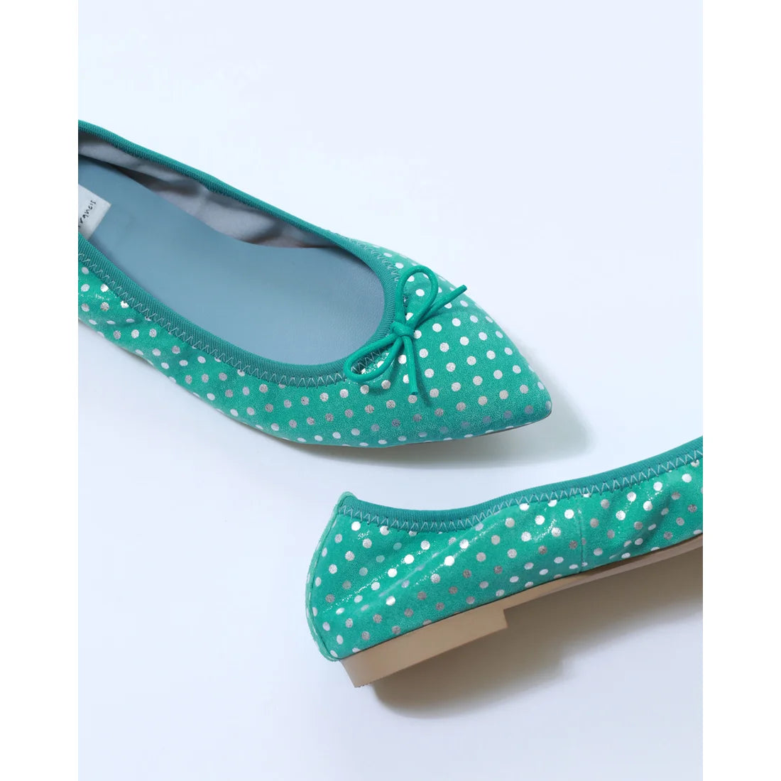 日本製【珍珠色調防水】Emma Francis平底芭蕾舞鞋 (01b-L S341) (green polka dot leather suede)（グリーン ドット柄 レザースエード）