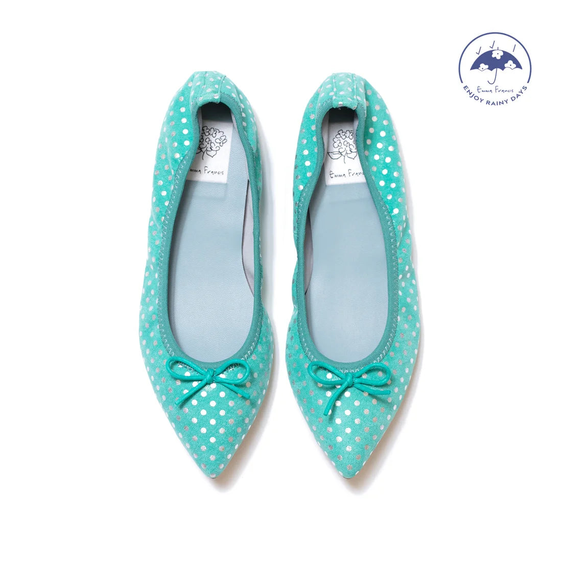 日本製【珍珠色調防水】Emma Francis平底芭蕾舞鞋 (01b-L S341) (green polka dot leather suede)（グリーン ドット柄 レザースエード）