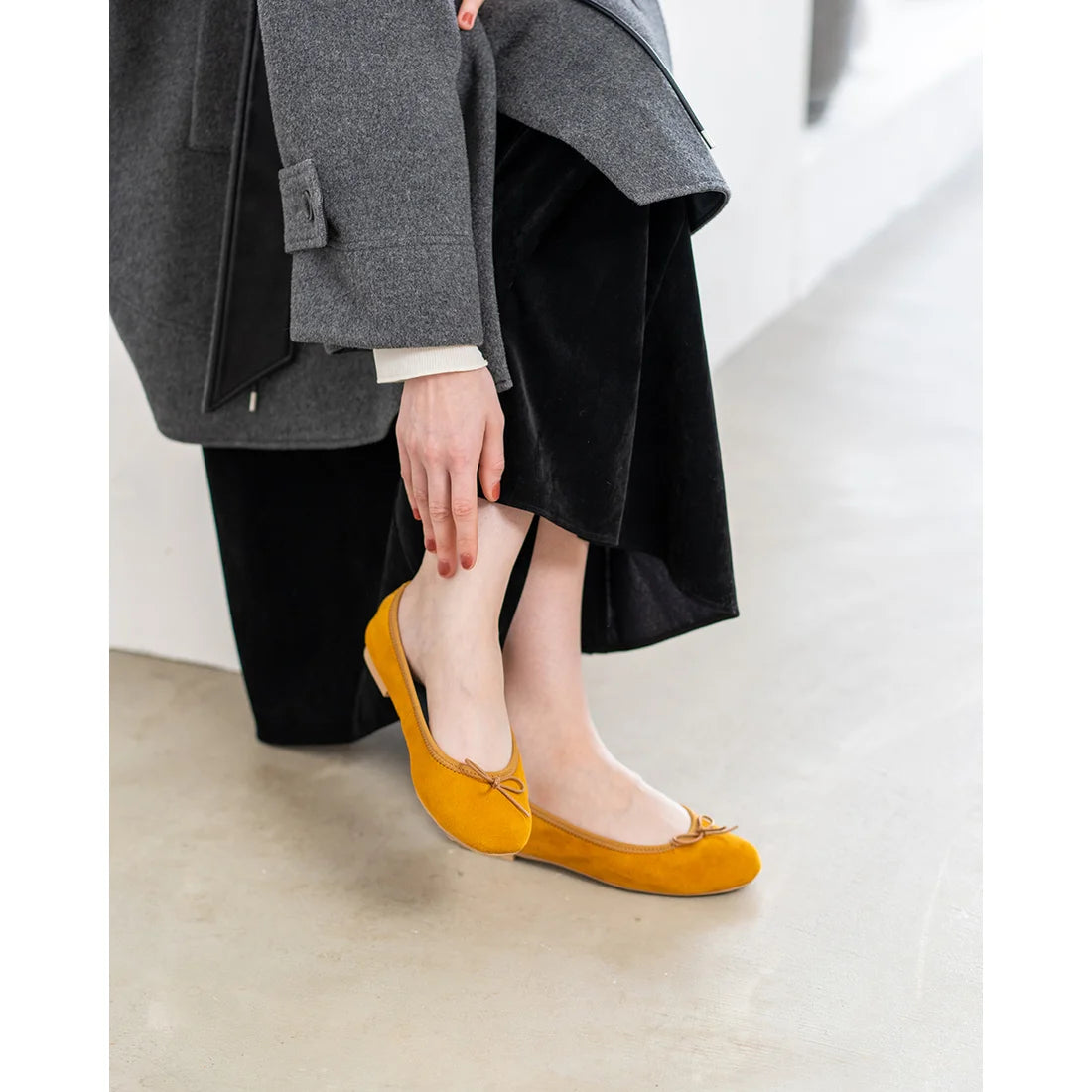 日本製【珍珠色調防水】Emma Francis圓頭平底芭蕾舞鞋(02b-L 132)(Mustard leather suede)（マスタード レザースエード）