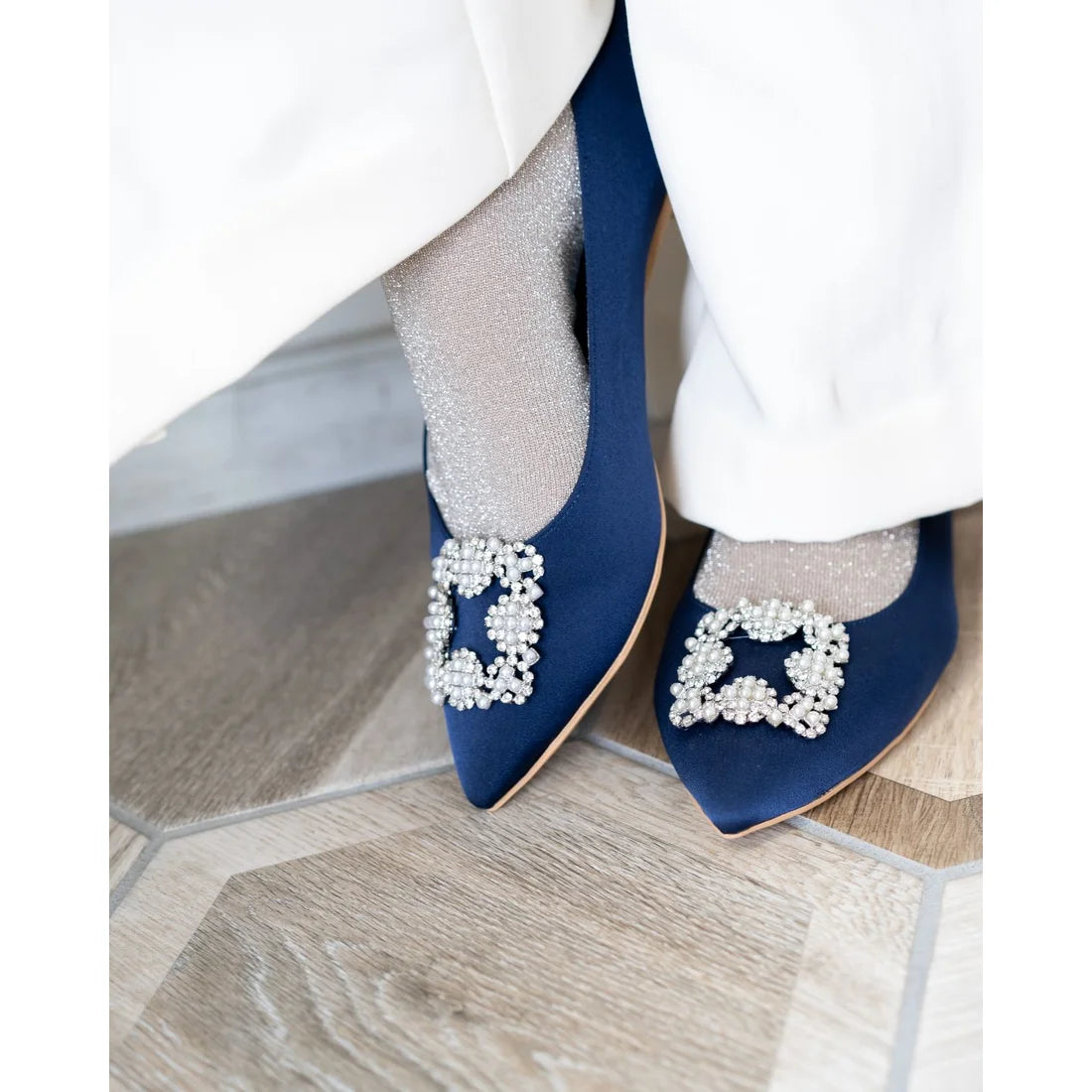 日本製 Emma Francis 平底珠寶搭扣高跟鞋(01t-ST 117)(Navy Satin)(ネイビー サテン）