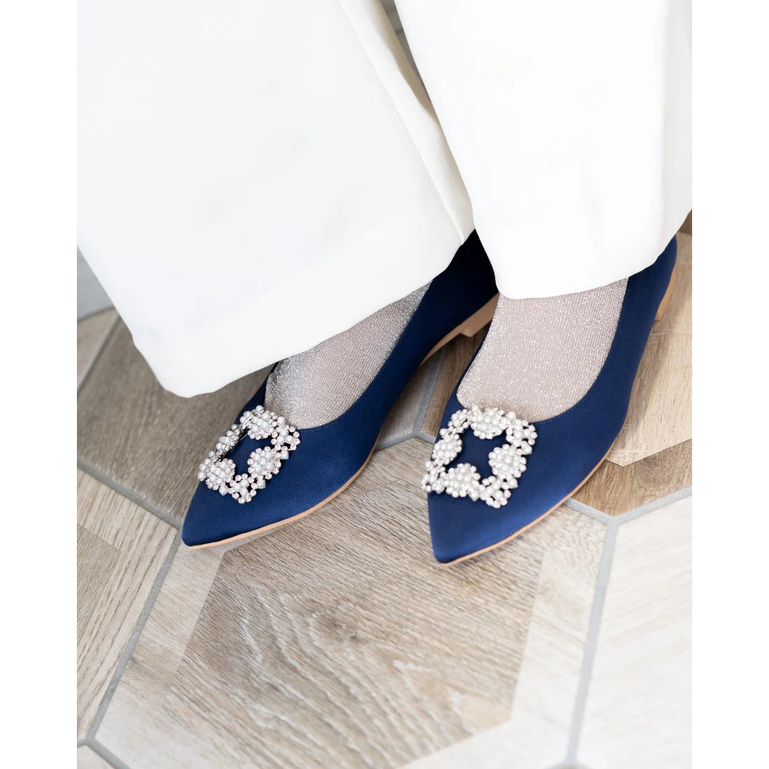 日本製 Emma Francis 平底珠寶搭扣高跟鞋(01t-ST 117)(Navy Satin)(ネイビー サテン）