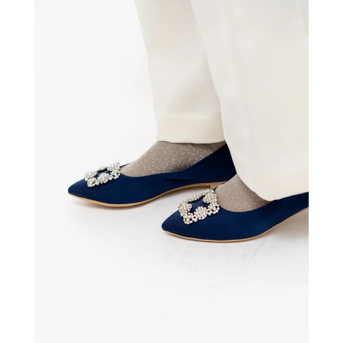 日本製 Emma Francis 平底珠寶搭扣高跟鞋(01t-ST 117)(Navy Satin)(ネイビー サテン）