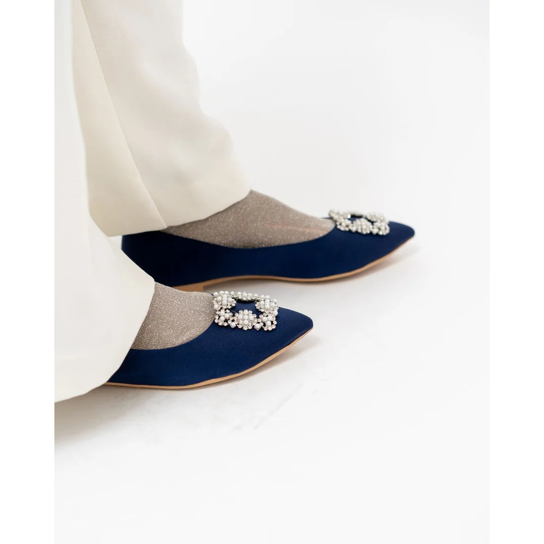 日本製 Emma Francis 平底珠寶搭扣高跟鞋(01t-ST 117)(Navy Satin)(ネイビー サテン）