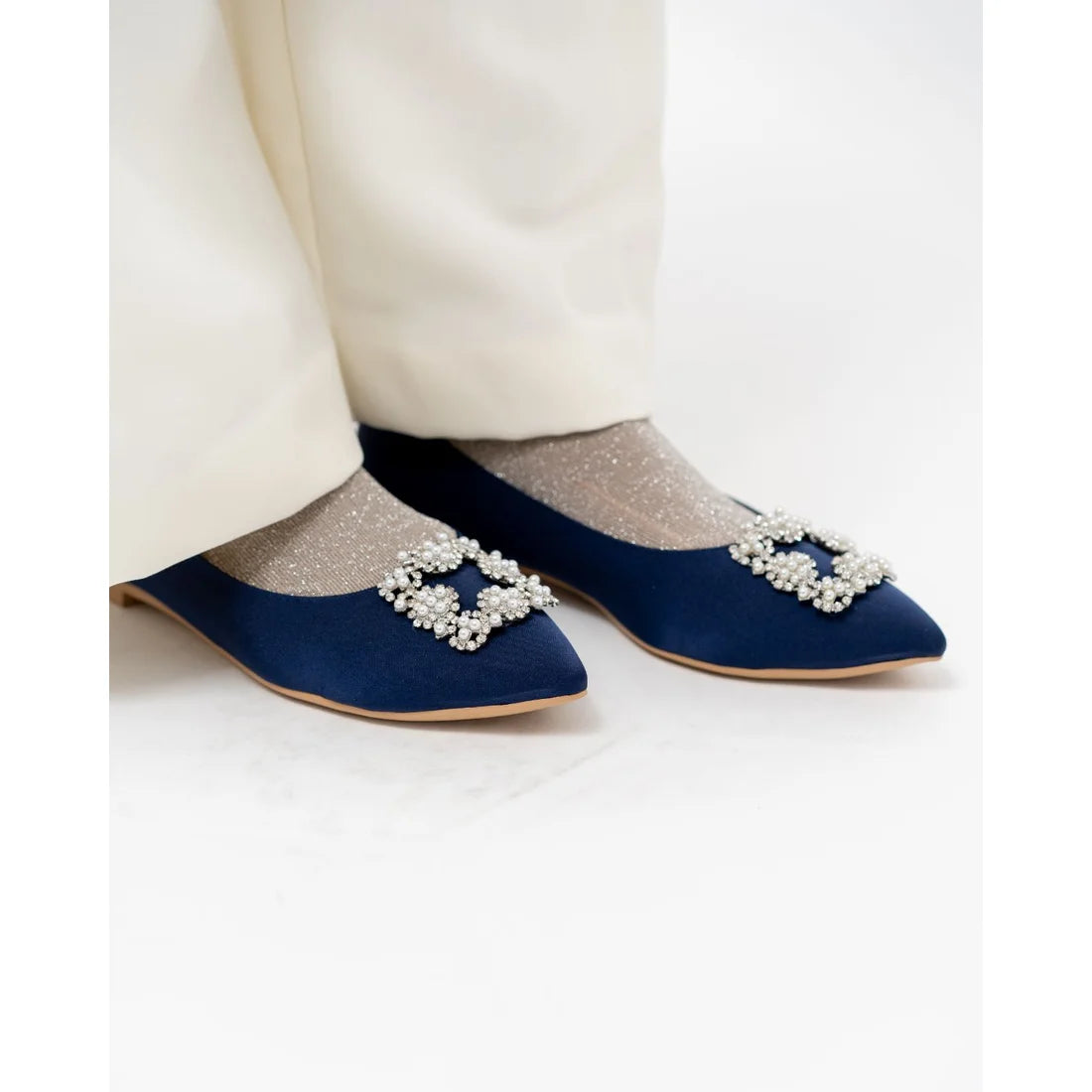 日本製 Emma Francis 平底珠寶搭扣高跟鞋(01t-ST 117)(Navy Satin)(ネイビー サテン）