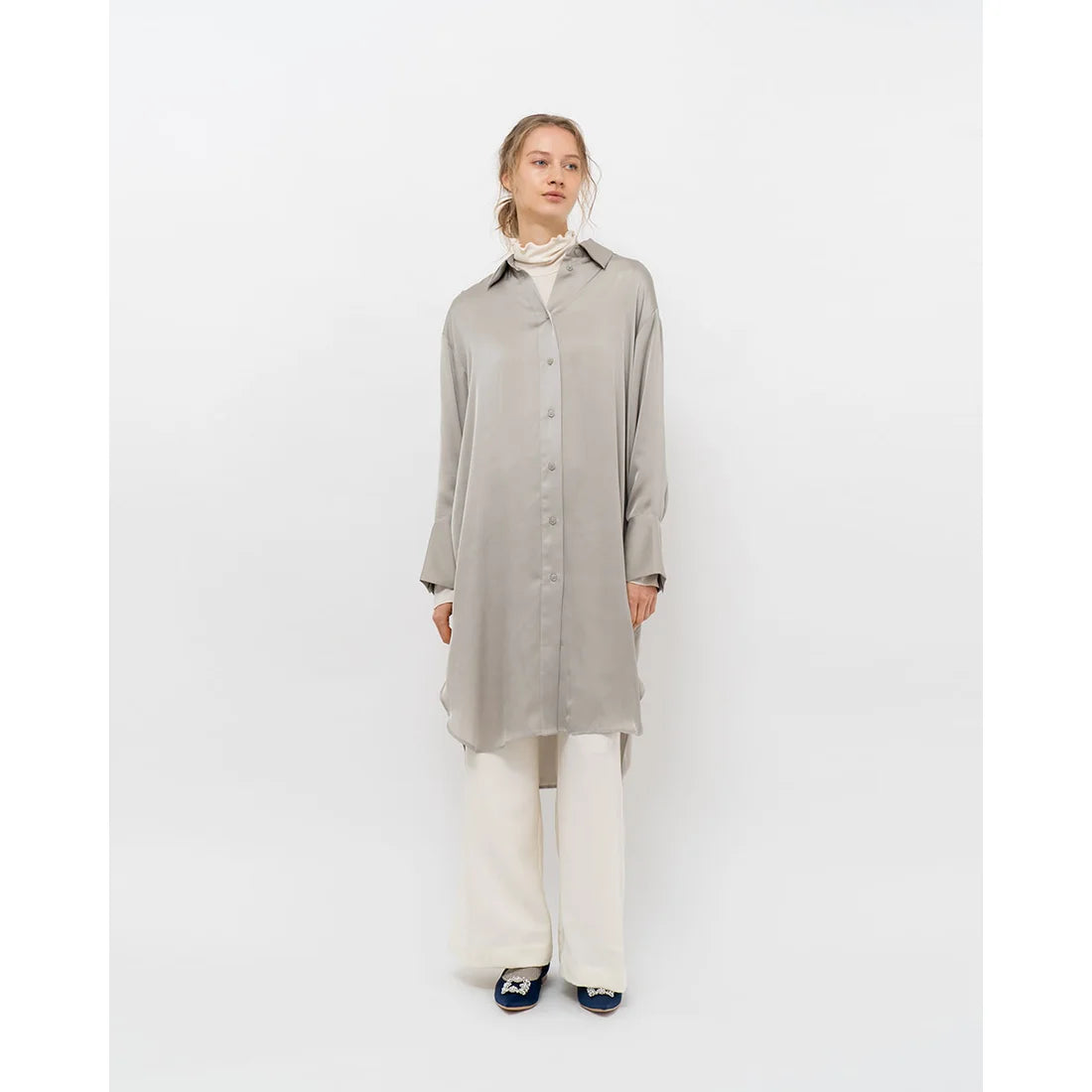 日本製 Emma Francis 平底珠寶搭扣高跟鞋(01t-ST 117)(Navy Satin)(ネイビー サテン）