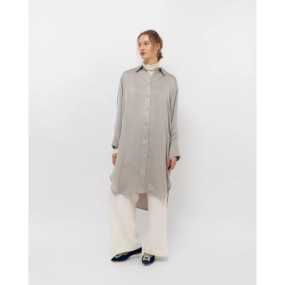 日本製 Emma Francis 平底珠寶搭扣高跟鞋(01t-ST 117)(Navy Satin)(ネイビー サテン）