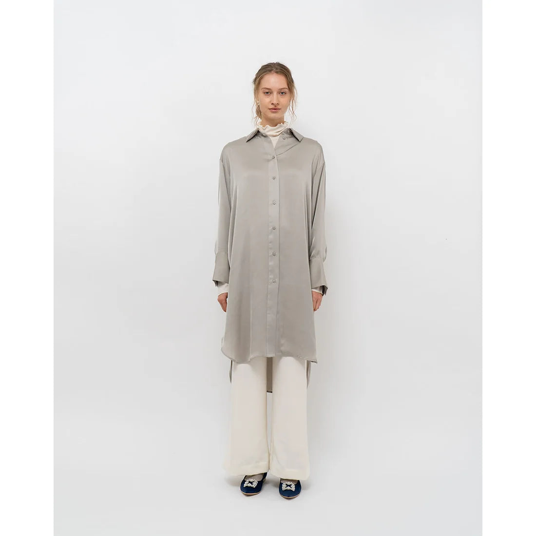 日本製 Emma Francis 平底珠寶搭扣高跟鞋(01t-ST 117)(Navy Satin)(ネイビー サテン）