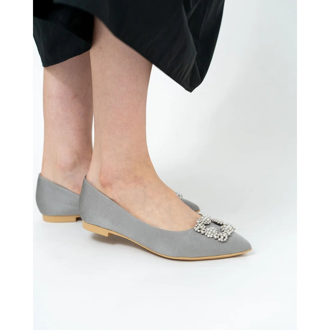 日本製 Emma Francis 平底珠寶搭扣高跟鞋(01t-ST 153)(Gray satin)（グレー サテン）