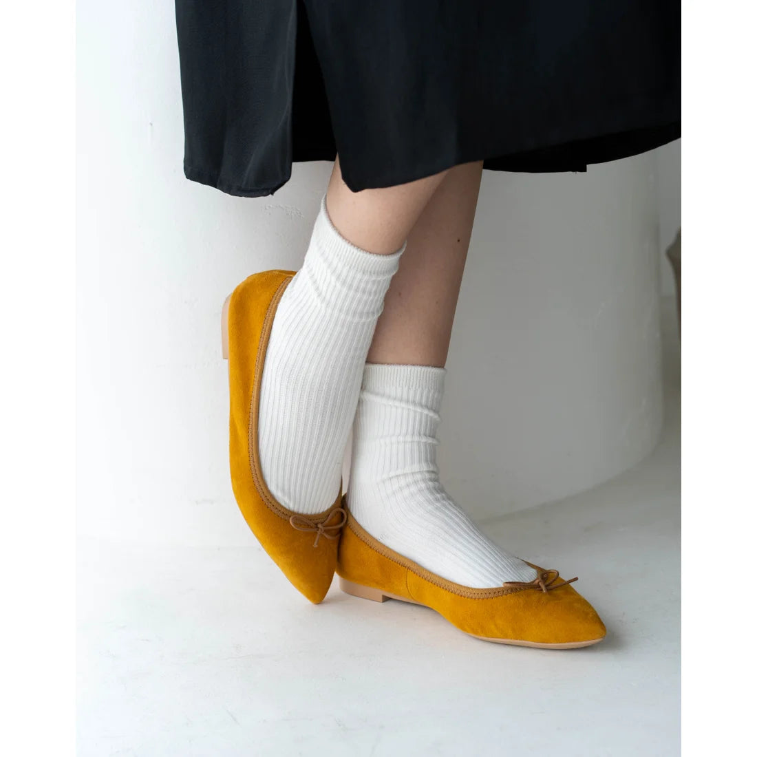 日本製【珍珠色調防水】Emma Francis尖頭平底芭蕾舞鞋(01b-L 132)(Mustard leather suede)（マスタード レザースエード）
