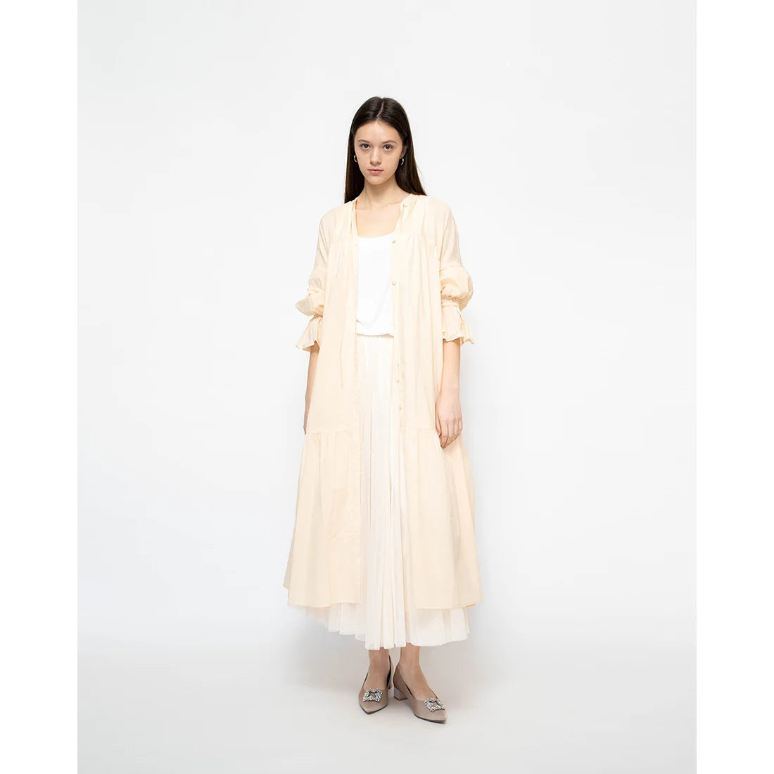 日本製 Emma Francis 尖頭3cm跟珠寶搭扣高跟鞋(3002b-ST 108)(Beige gray satin)（ベージュ サテン）