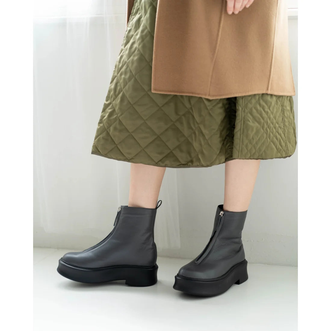 日本製【防水】Emma Francis Volume Sole厚底前拉鍊靴子 (9013a-L 153)(Gray leather)（グレー レザー）