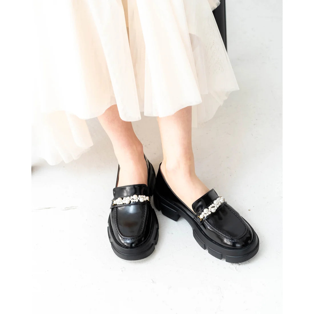 日本製【晴雨兼容】Emma Francis 厚底珍珠樂福鞋(1501a-E 101)(Black enamel)（ブラック エナメル）