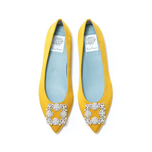 日本製預訂3星期 Emma Francis 平底珠寶搭扣高跟鞋(01t-ST 132)(Mustard satin)（マスタード サテン）