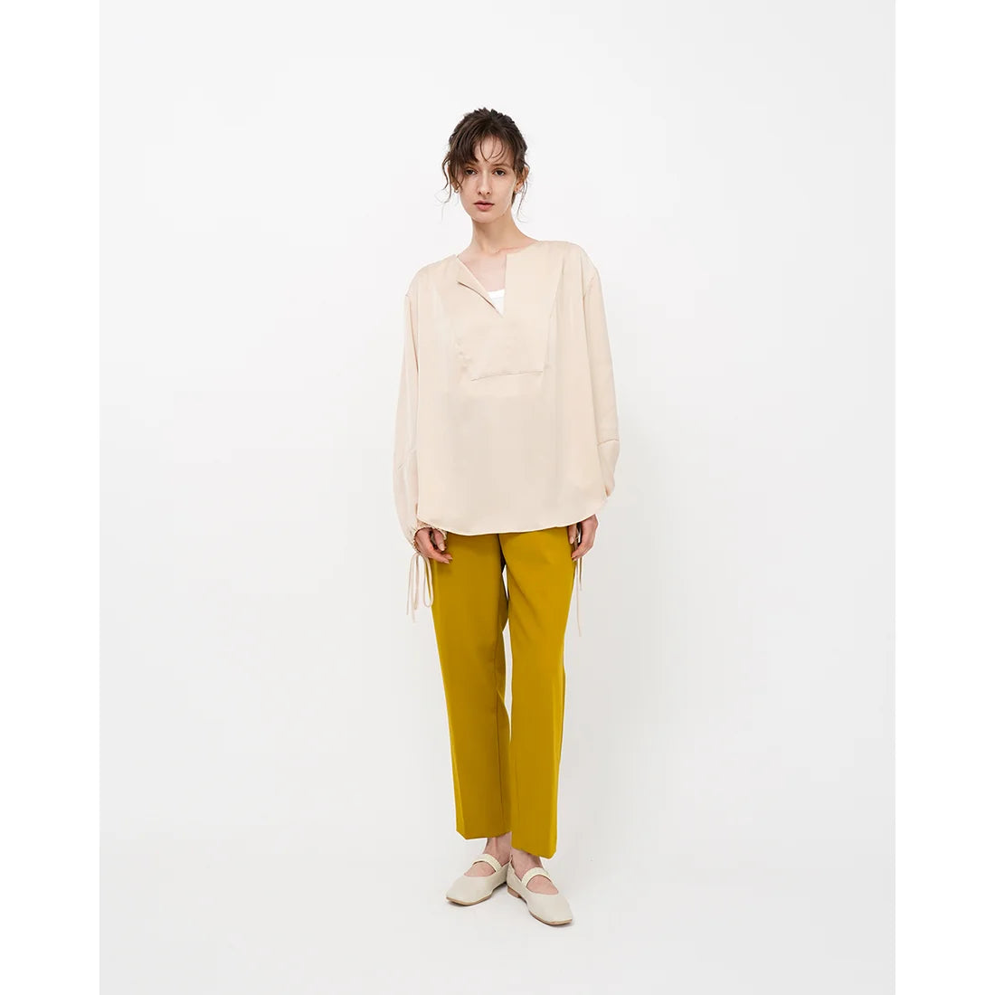 日本製預訂3星期【蘋果皮】【防水】Emma Francis 褶皺腰帶平底鞋 (03j-AP 177)(Ivory Apple Leather)（アイボリー アップルレザー）