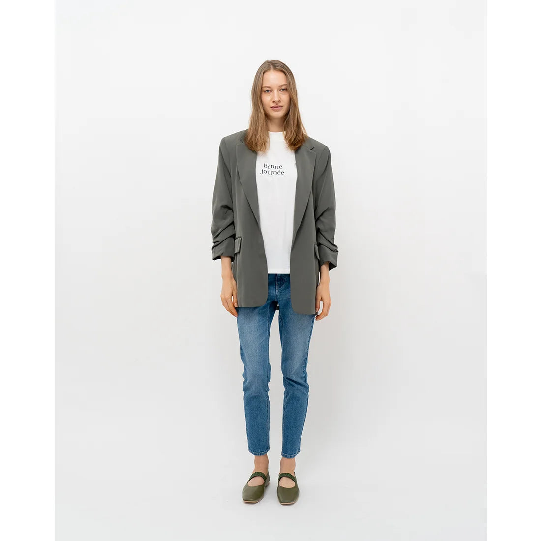 日本製【蘋果皮】【防水】Emma Francis 褶皺腰帶平底鞋 (03j-AP 147)(Khaki apple leather)（カーキ アップルレザー）