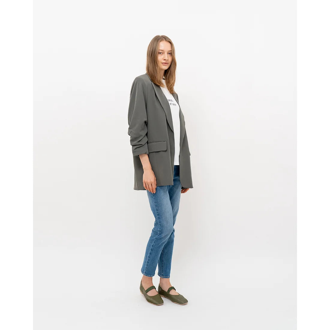 日本製【蘋果皮】【防水】Emma Francis 褶皺腰帶平底鞋 (03j-AP 147)(Khaki apple leather)（カーキ アップルレザー）