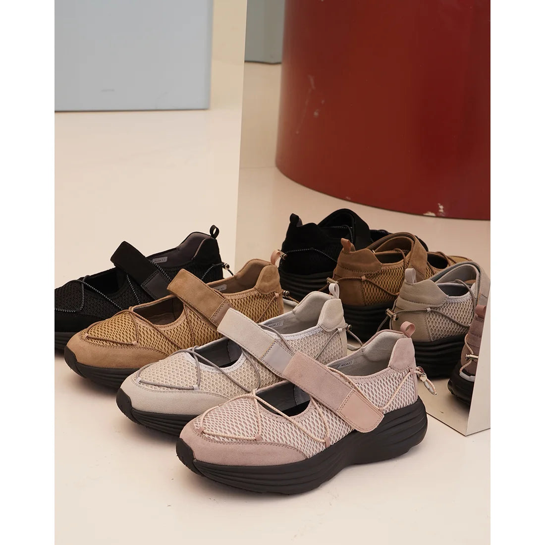 【新品預訂】日本 Lauf Oletta 輕盈 4cm厚底網面瑪莉珍運動鞋 (L150 Beige-Z)(杏色)