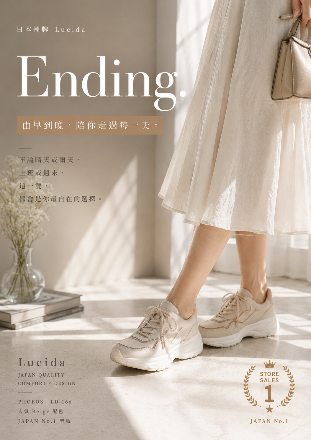 現貨優惠￼日本潮牌Lucida 杏色 Phobos 閃爍微粒拼接設計厚底運動鞋 ( 4166 BEG )