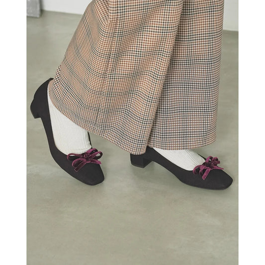 【新品】日本製Emma Francis   蝴蝶結3cm方頭高踭鞋（葡萄酒 絨面革）(3004a-S 138) Wine