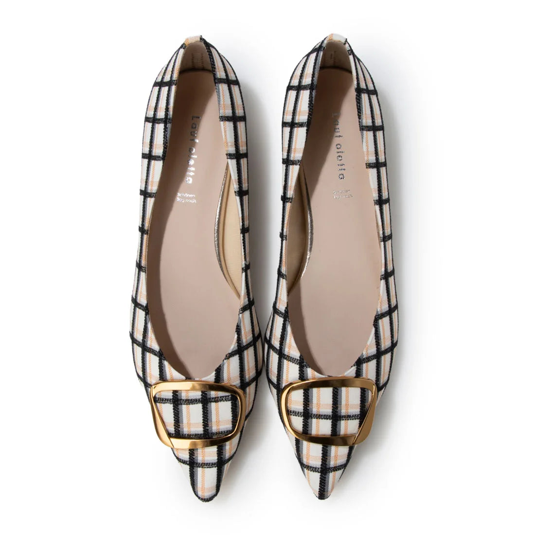 【新品預訂】日本製 Lauf Oletta 格仔尖頭金扣平底鞋 (LH127 Ivory-Z) (象牙色)