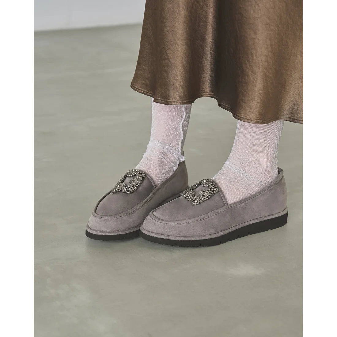 【新品預訂】日本製Emma Francis   [雨天應對] 防水 內側柔軟仿毛 寶石樂福鞋（灰色絨面革）(2002g-S 153)GRY