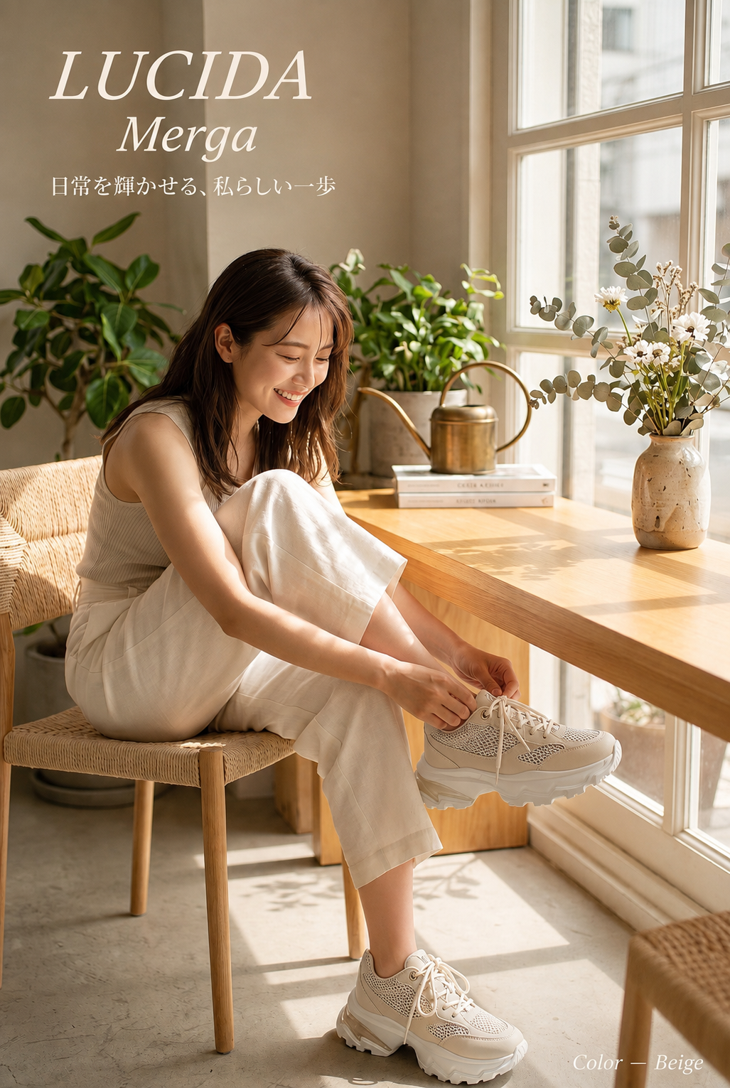 【現貨三對75折款式】日本潮牌Lucida 杏色 Merge 閃光透氣鞋底厚底運動鞋( 4438 BEG )