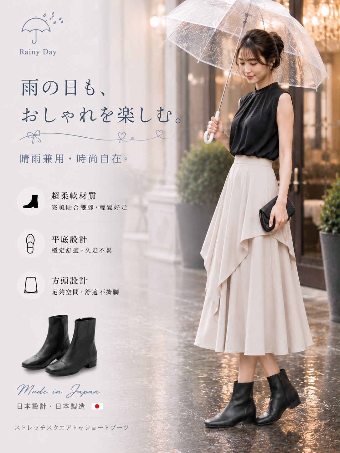 【新品預訂】日本製 Launa Lea 晴雨兩用彈力方頭短靴 (R9024) ( 黑色 / Black )