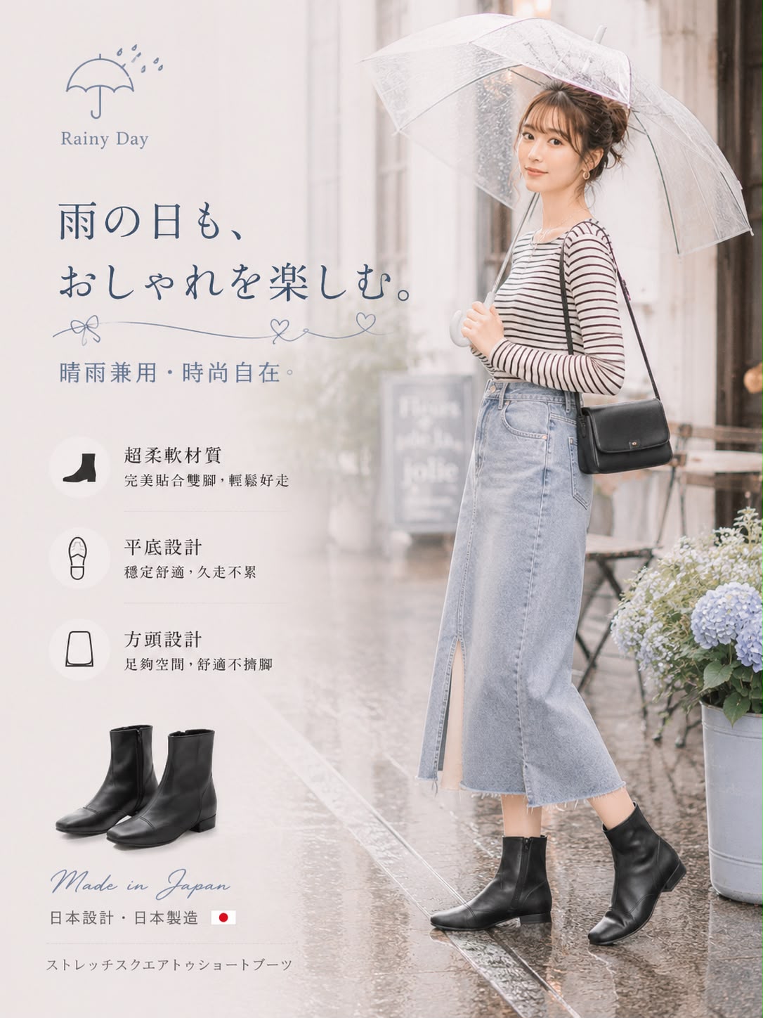 【新品預訂】日本製 Launa Lea 晴雨兩用彈力方頭短靴 (R9024) ( 黑色 / Black )