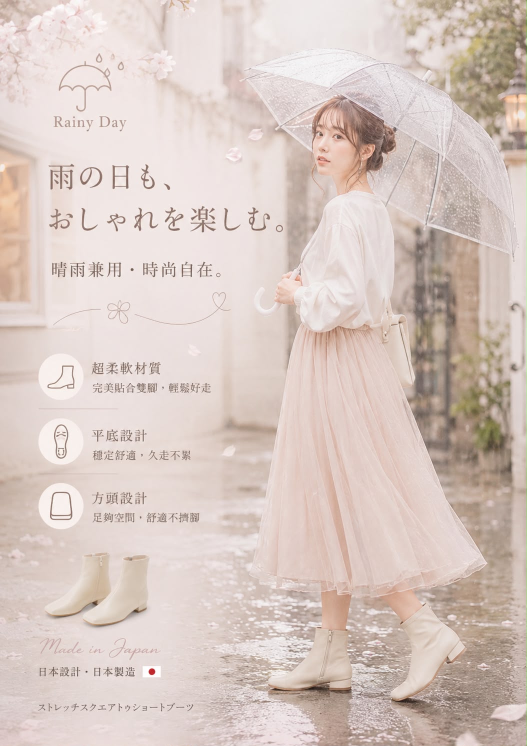 【新品預訂】日本製 Launa Lea 晴雨兩用彈力方頭短靴 (R9024) ( 象牙色 / Ivory )